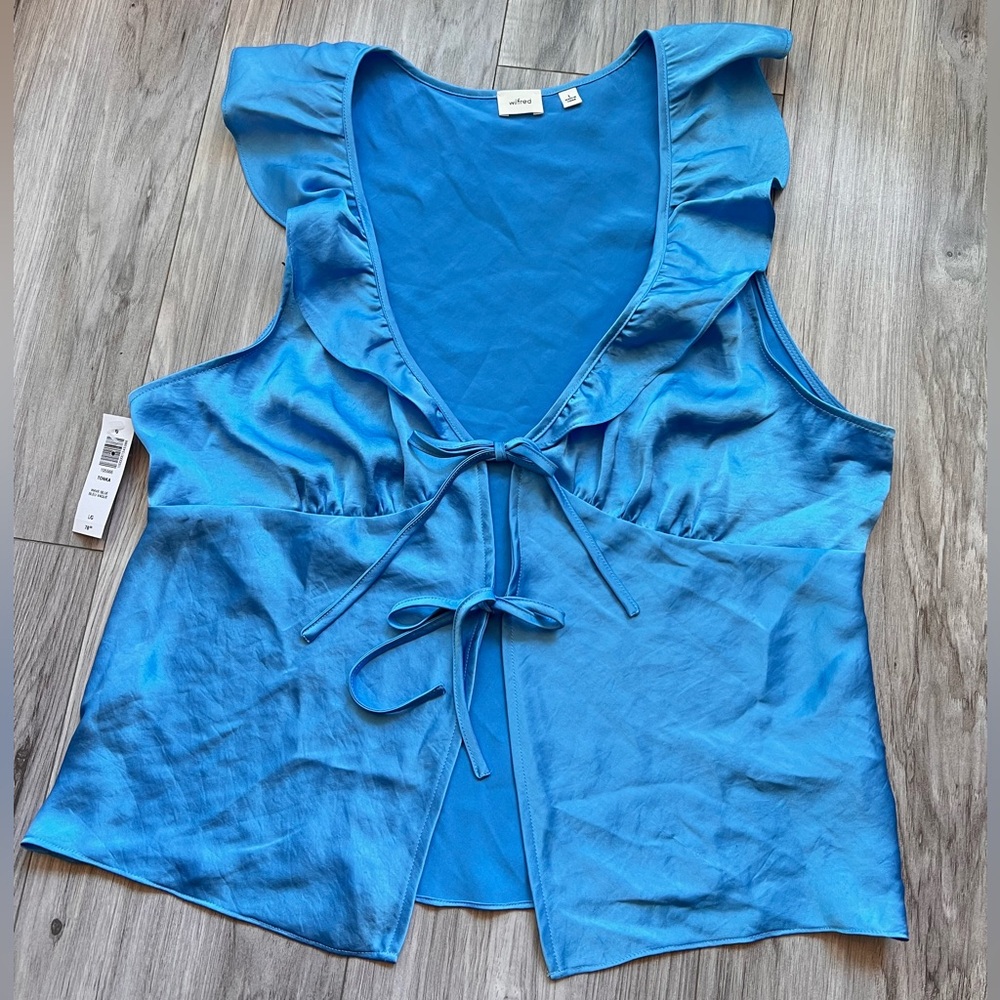 Aritzia Wilfred Blue Satin Ruffled Tie Top Brand New with Tags! size Lar…